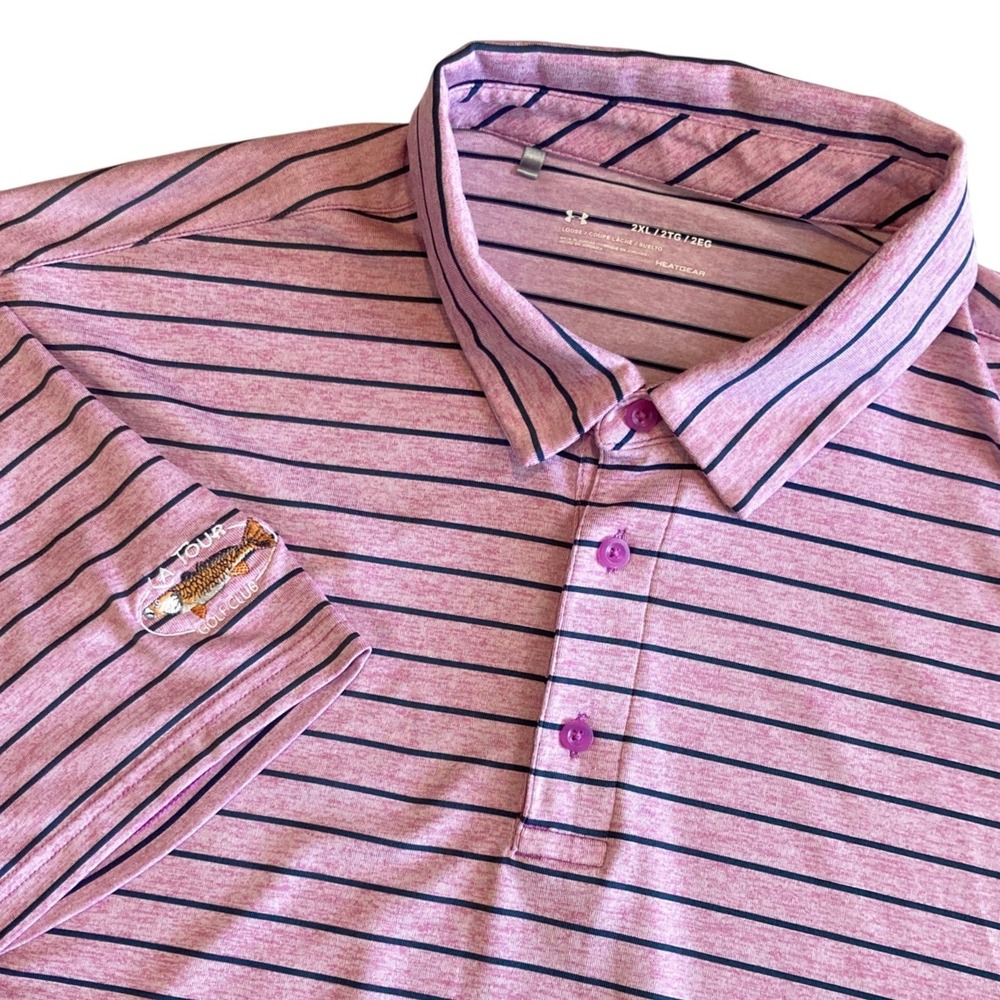Under‎ Armour Mens 2XL Pink Striped HeatGear Polo Shirt La Tour Golf Club Fish